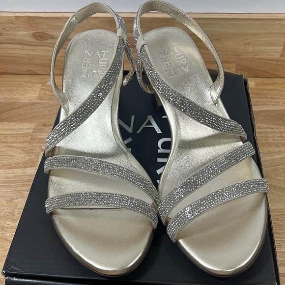 NEW Naturalizer 7.5 Women's Vanessa Gold Rhinestone Silver Block Heel Shoes - Picture 2 of 10